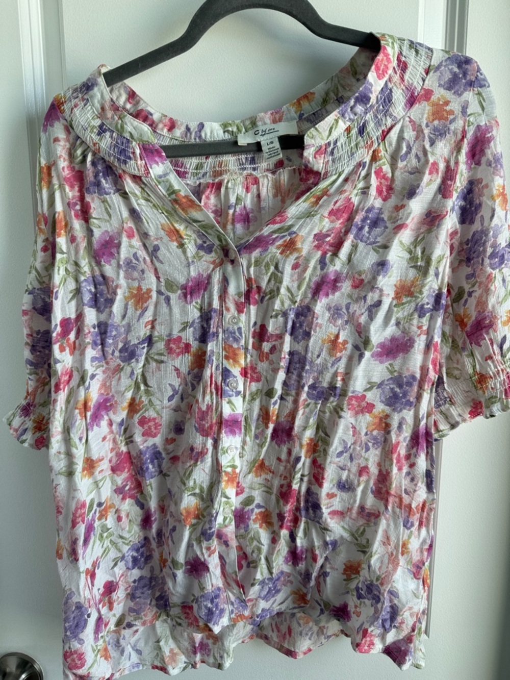 Lightweight Floral Button-Front Blouse - White with Purple & Pink Floral